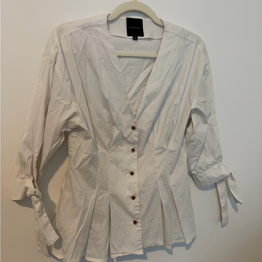 Alex Marie Cream Button-Down Blouse with Tie Sleeves